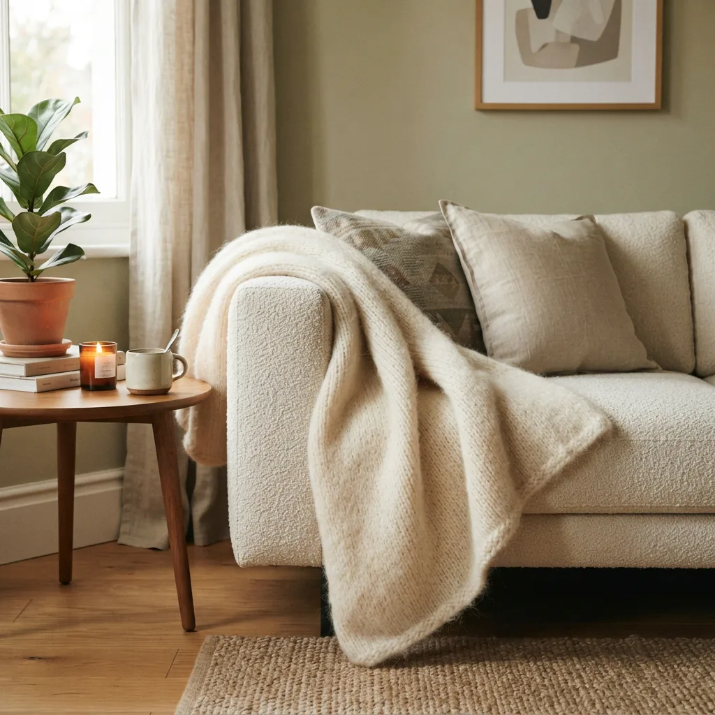 A cozy living room corner featuring a soft, textured throw blanket draped over a sofa.
