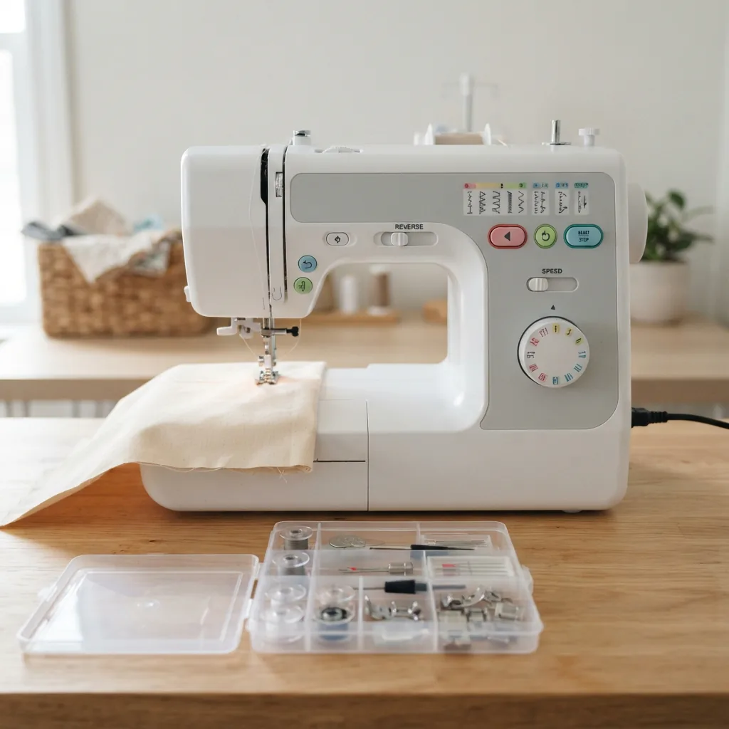 A beginner-friendly sewing machine with clearly marked controls and an accessory kit laid out in front of it.