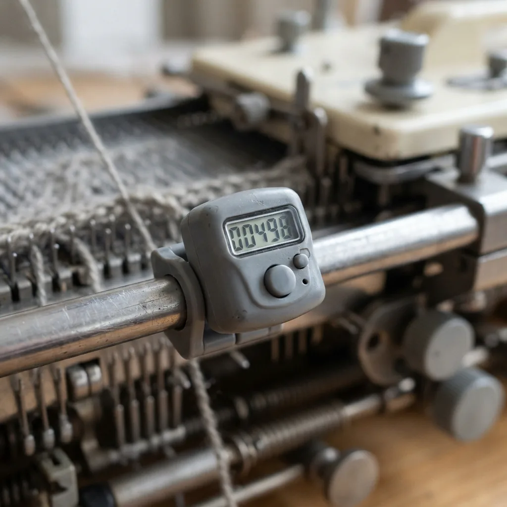 A digital row counter clipped onto the needle of a knitting machine.