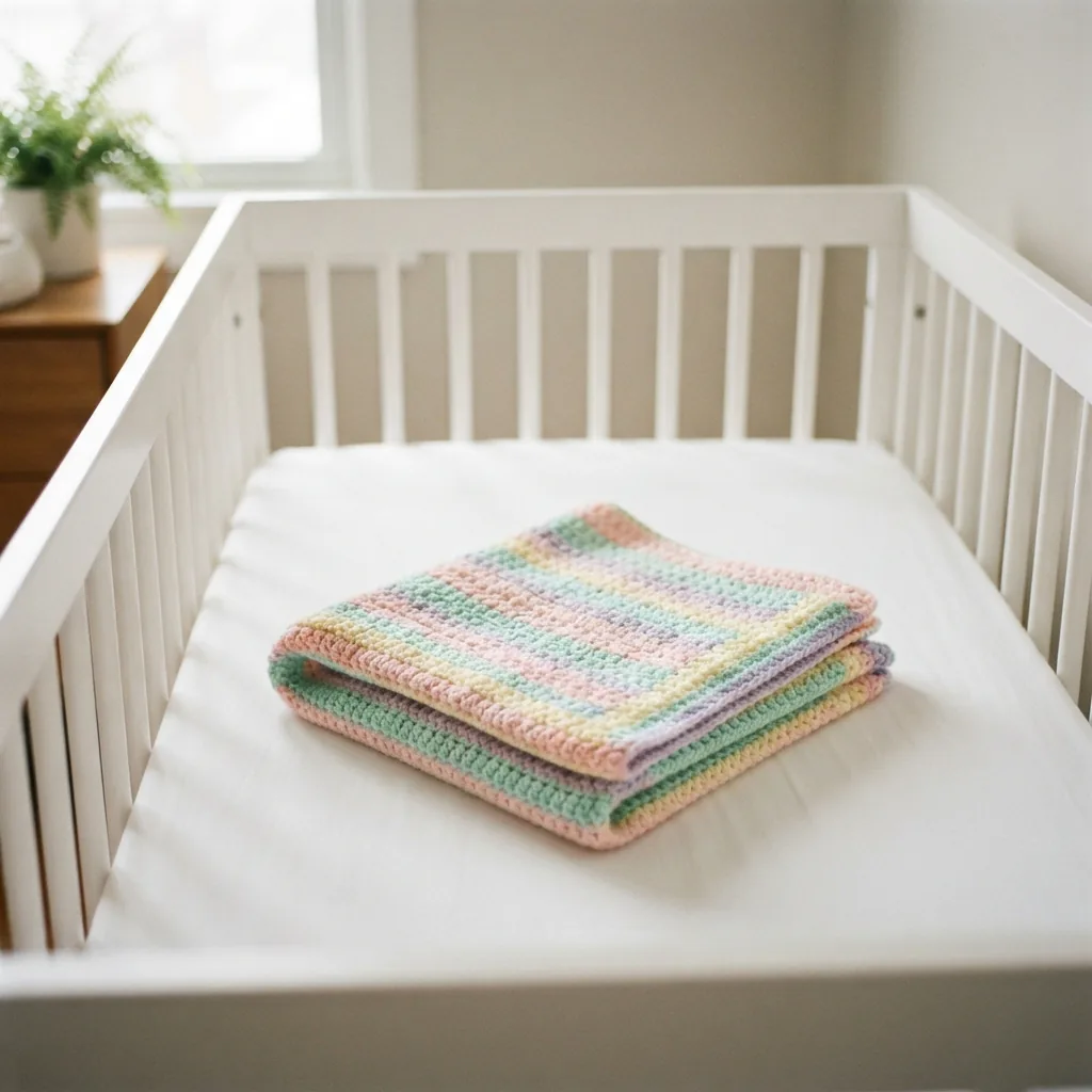 A folded, crocheted baby blanket made from multiple colors of Woolike yarn, placed in a nursery crib.