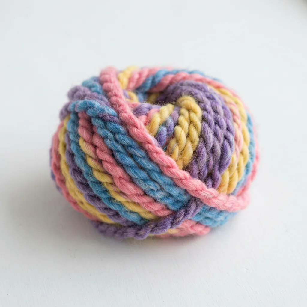 A skein of multicolor Loops & Threads chunky yarn with pink, blue, and yellow sections.