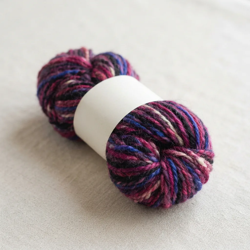 A skein of Loops & Threads Mixed Berries Yarn with variegated colors.