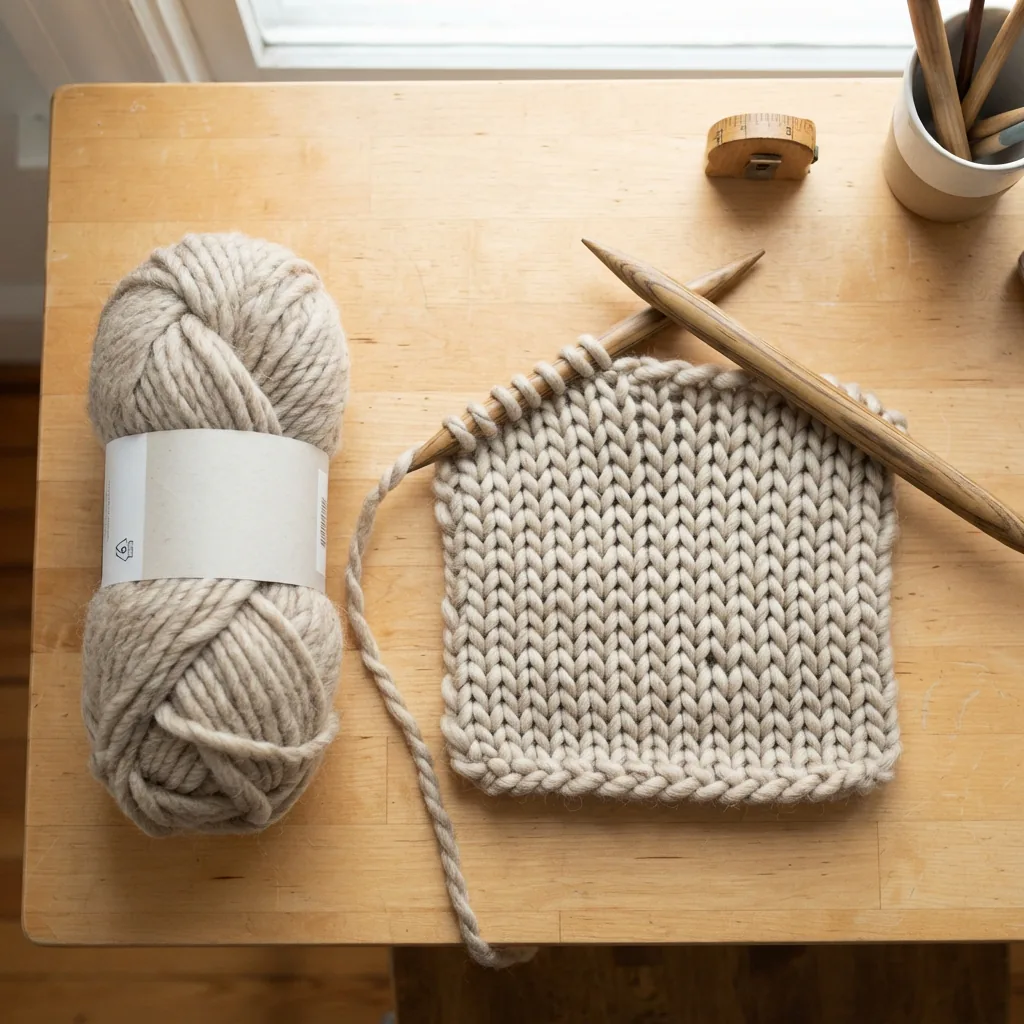 A skein of super bulky weight yarn next to a half-finished knitted swatch showing large, defined stitches.