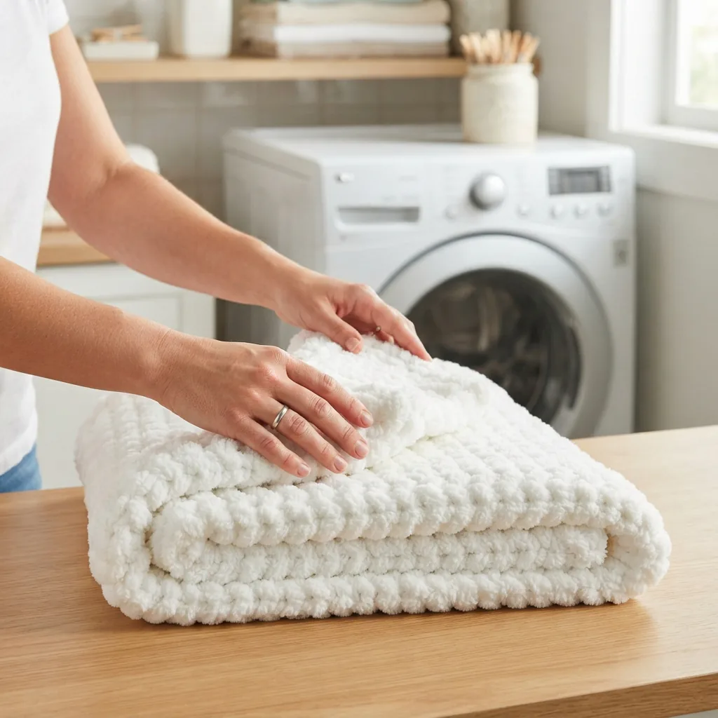 A finished, fluffy white blanket being folded neatly next to a washing machine.