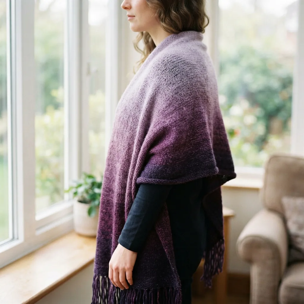 A person from the shoulders down wearing a knit shawl made from ombre yarn in soft purple shades, looking out a window.