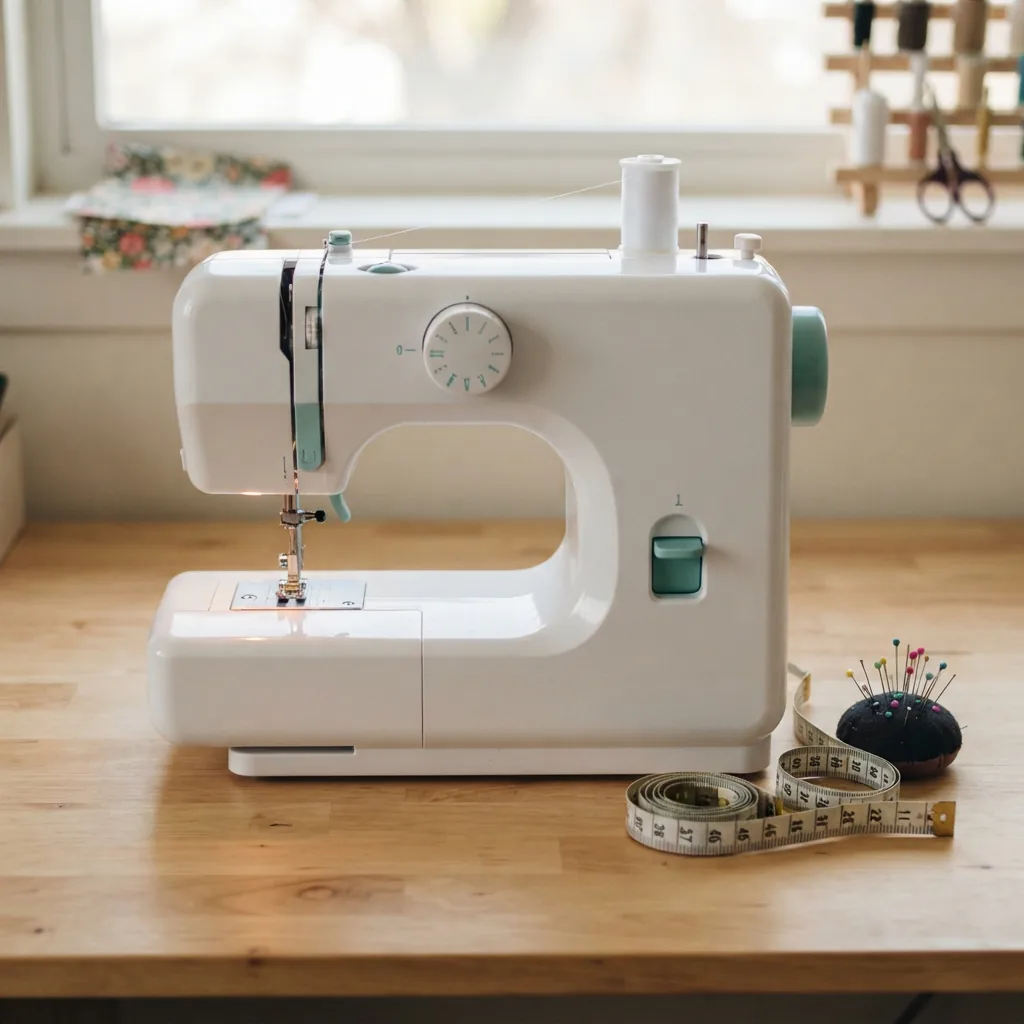 A beginner sewing machine with a simple, clean design on a table with a measuring tape and pins nearby.