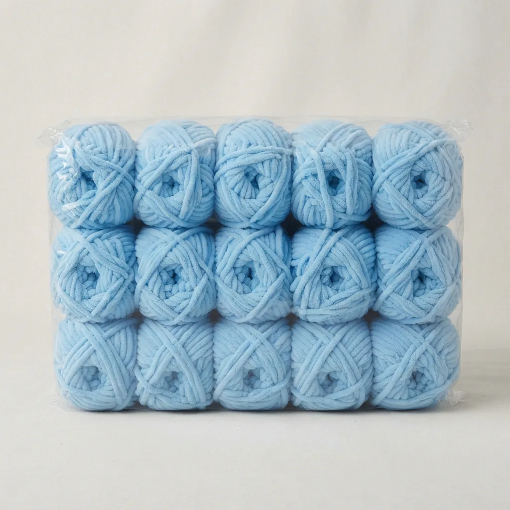 An 18-pack bundle of sky blue Sweet Snuggles yarn skeins.