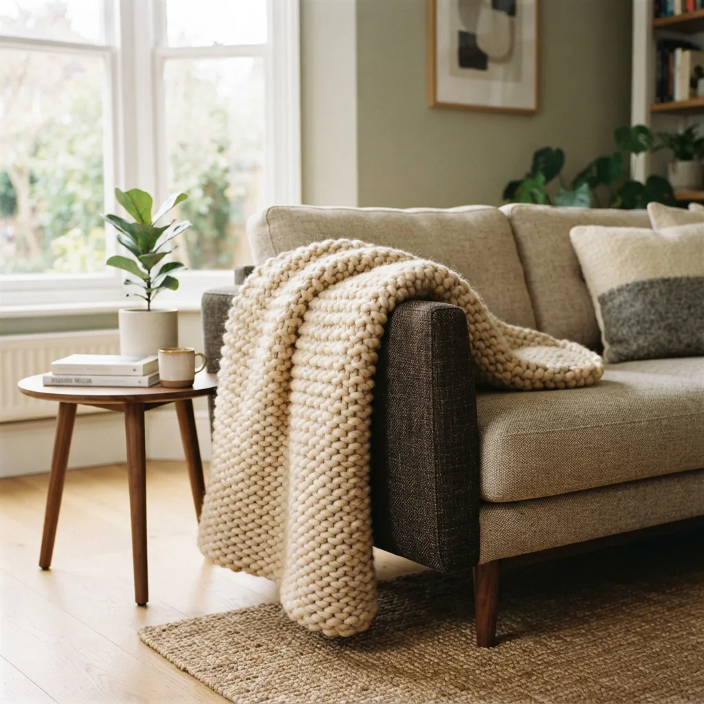 A handmade knit blanket draped over the arm of a sofa.