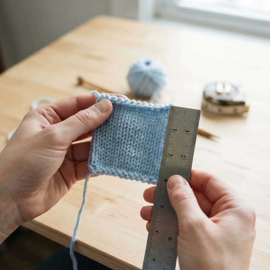 A person's hands holding a knitted gauge swatch next to a ruler, measuring the stitch count.