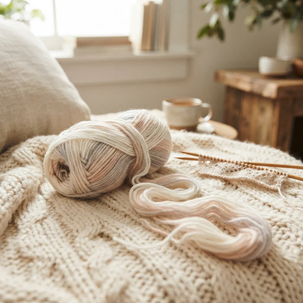 A skein of Loops & Threads Soft Ombre yarn in a light, airy color palette.