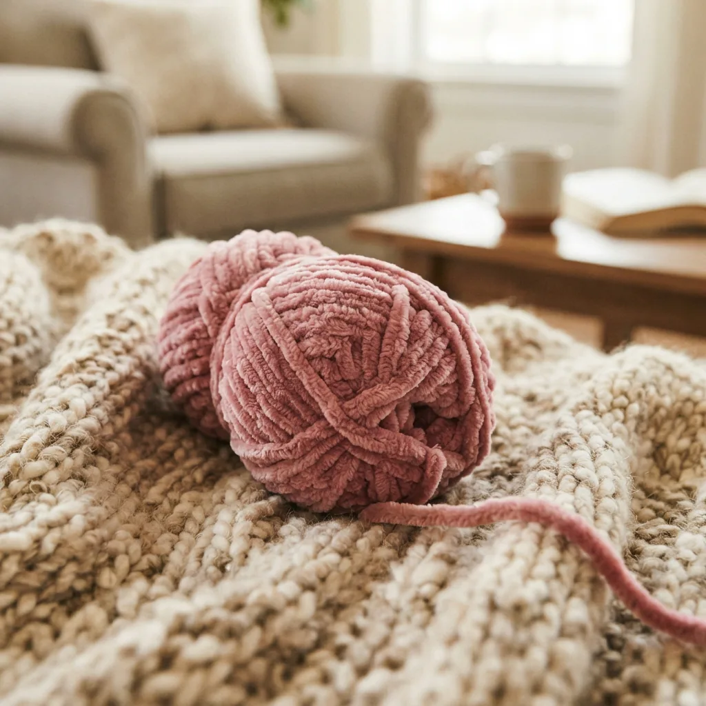 A skein of Sweet Snuggles yarn with its soft, fuzzy texture prominently displayed.