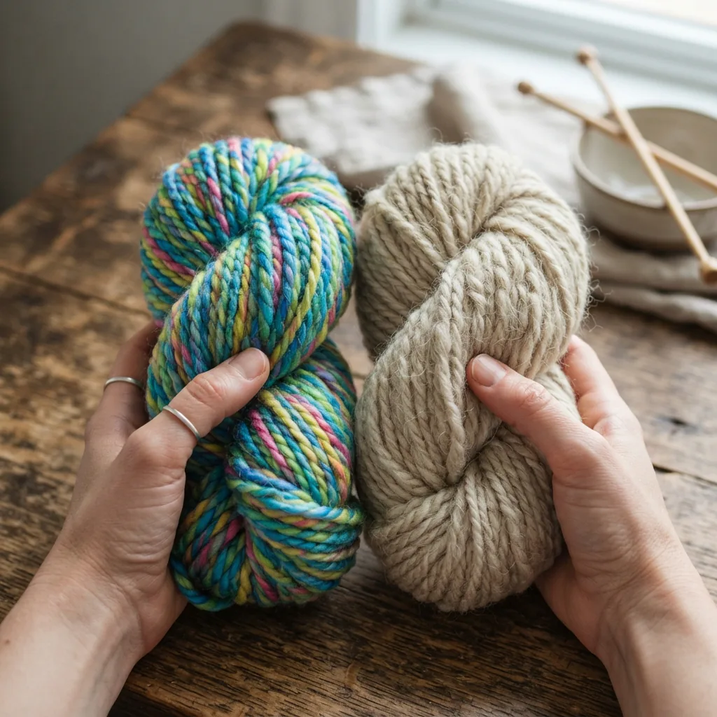 Comparison of acrylic and wool yarn skeins side by side on a neutral background.