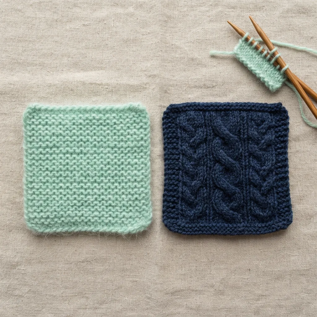 A close-up comparison of knitted swatches showing the stitch definition from different acrylic yarn textures.