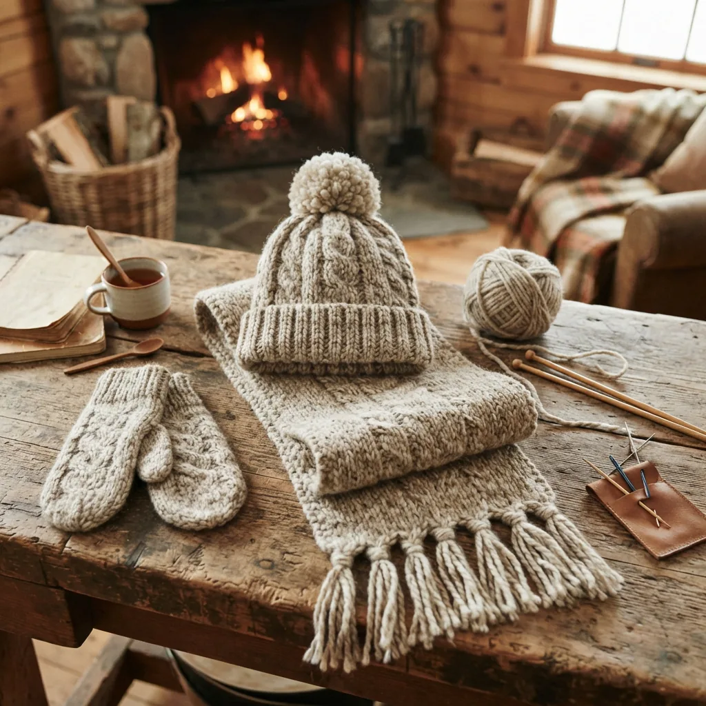 A collection of knitted winter accessories like a hat and scarf.