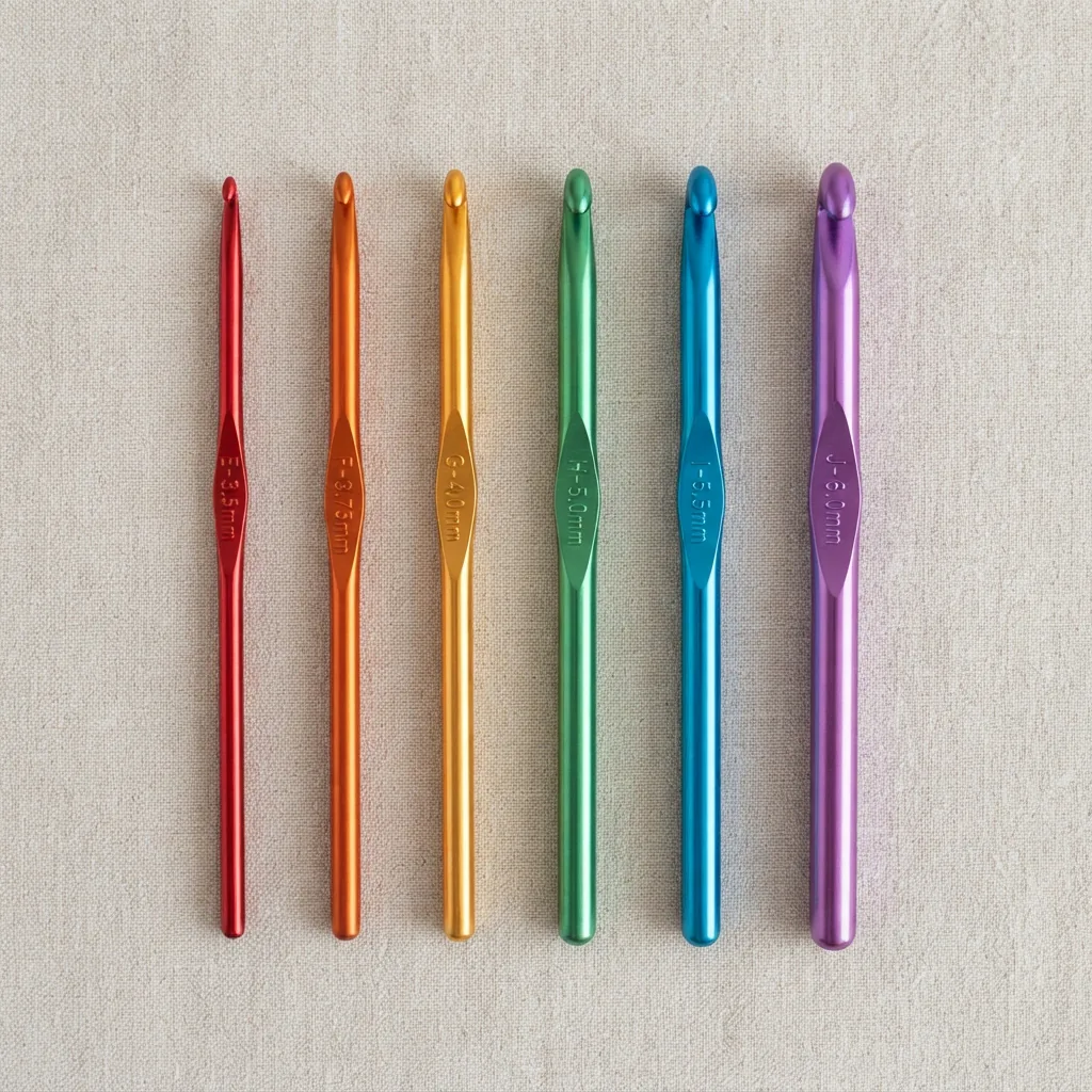 Anodized Crochet Hook Set with E-J size hooks on sale.