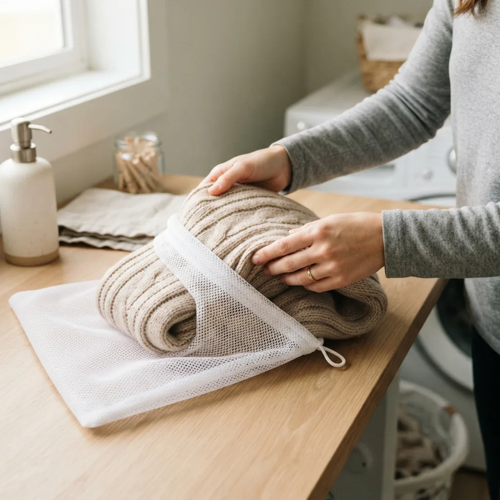 A finished knit item being placed into a mesh laundry bag in preparation for washing.