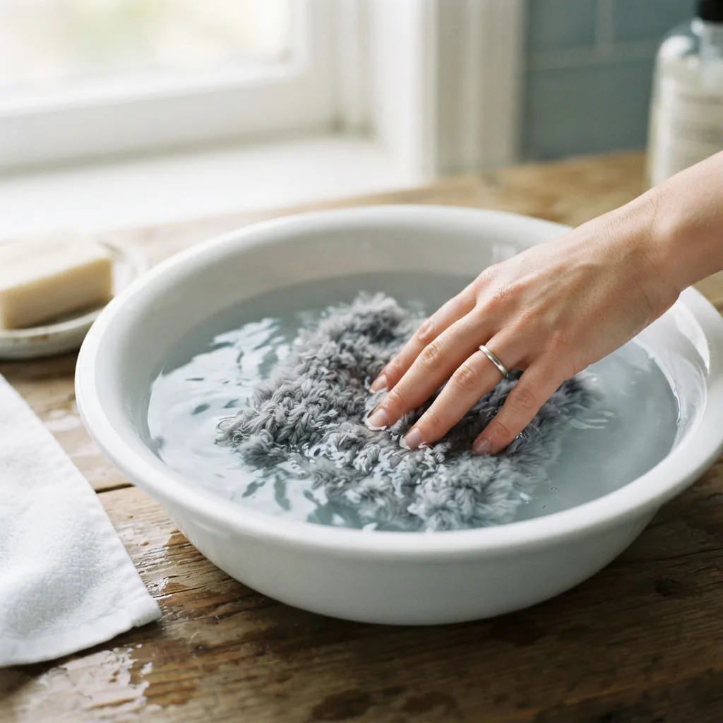 A small, knitted faux fur swatch being gently rinsed in a basin of water.
