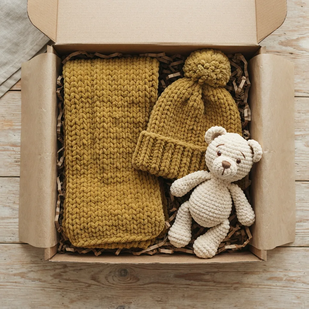 A collection of handmade chenille gifts, including a hat and a small plush toy, in a gift box.