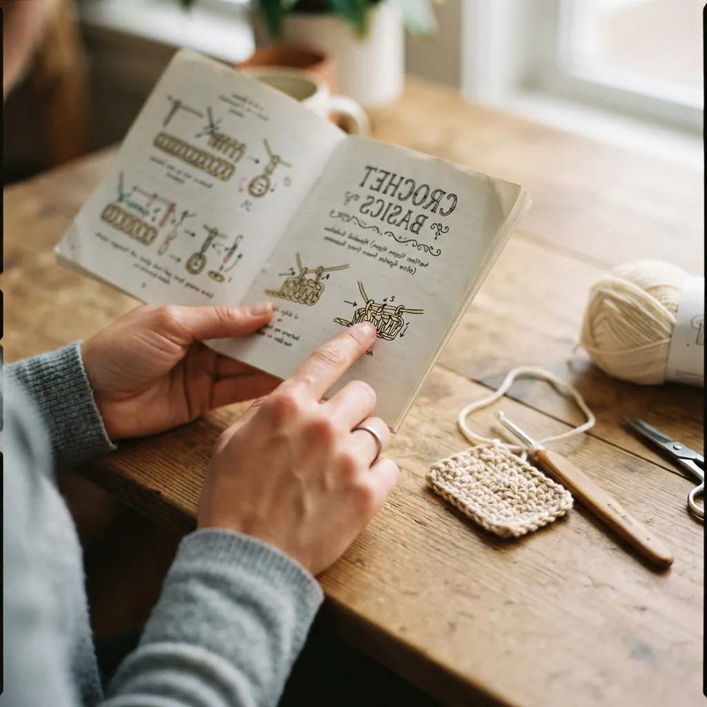 A person's hands following a crochet pattern diagram in a kit instruction booklet.