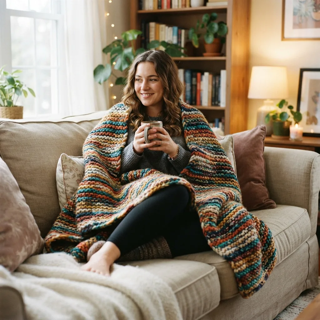 A person sitting on a couch, wrapped in a large afghan made with Mixed Up yarn.