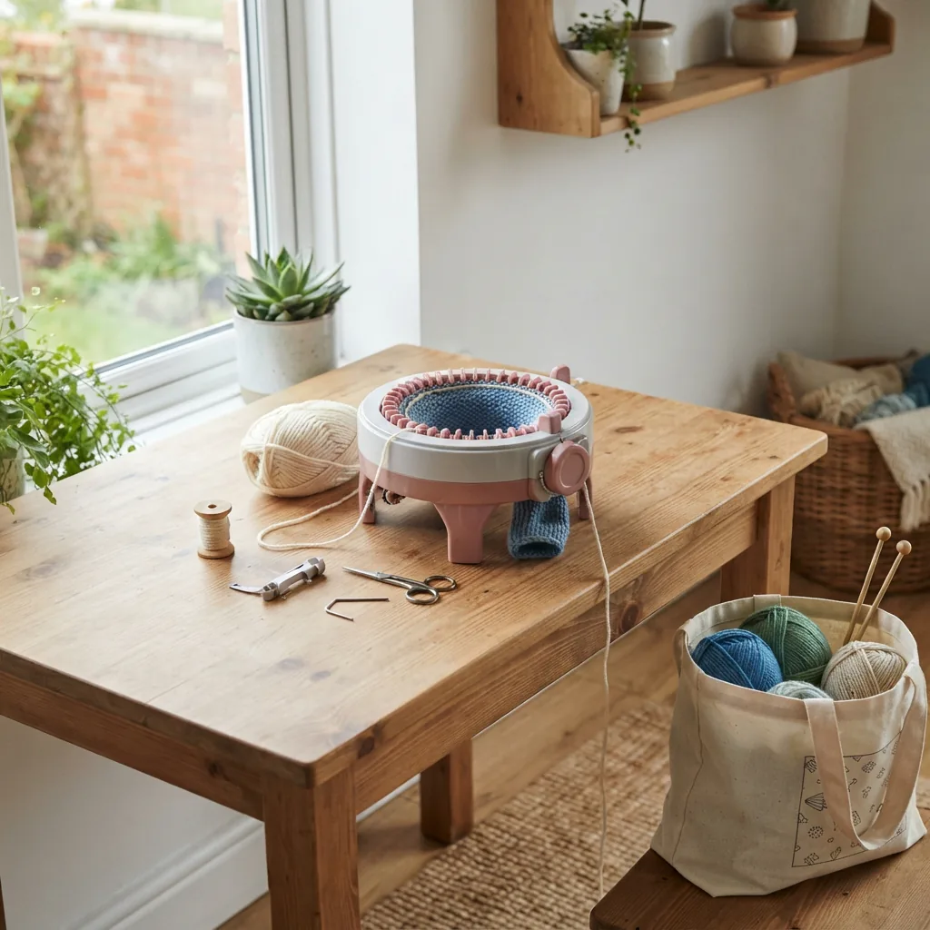 A compact knitting machine sitting neatly on a small craft table next to a window.