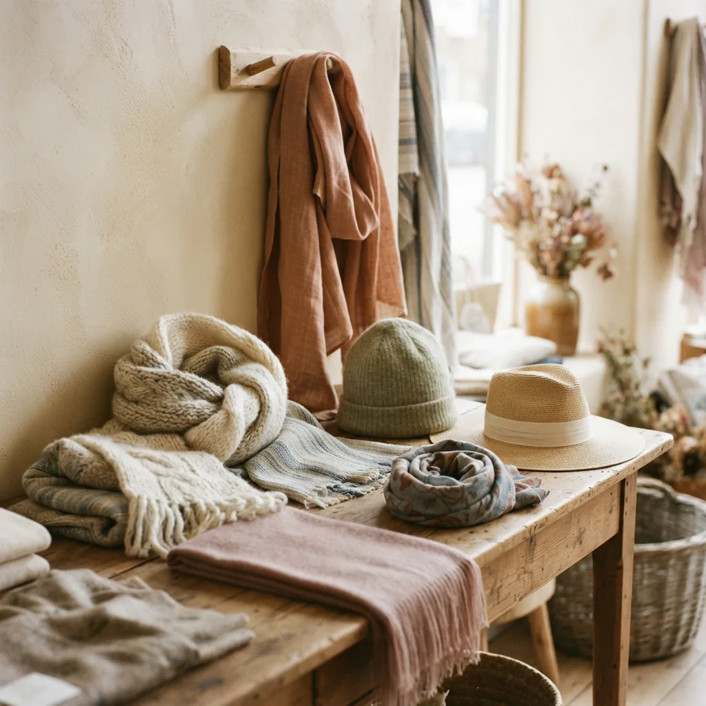 A collection of handmade scarves and hats in various soft colors displayed together.