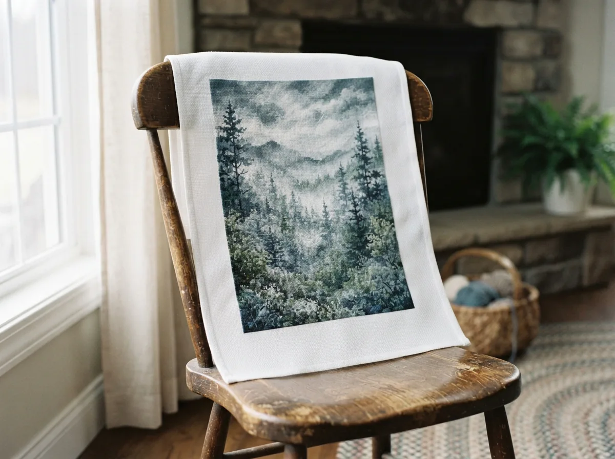 The featured Trees counted cross stitch kit by Loops & Threads showing a detailed misty forest design.