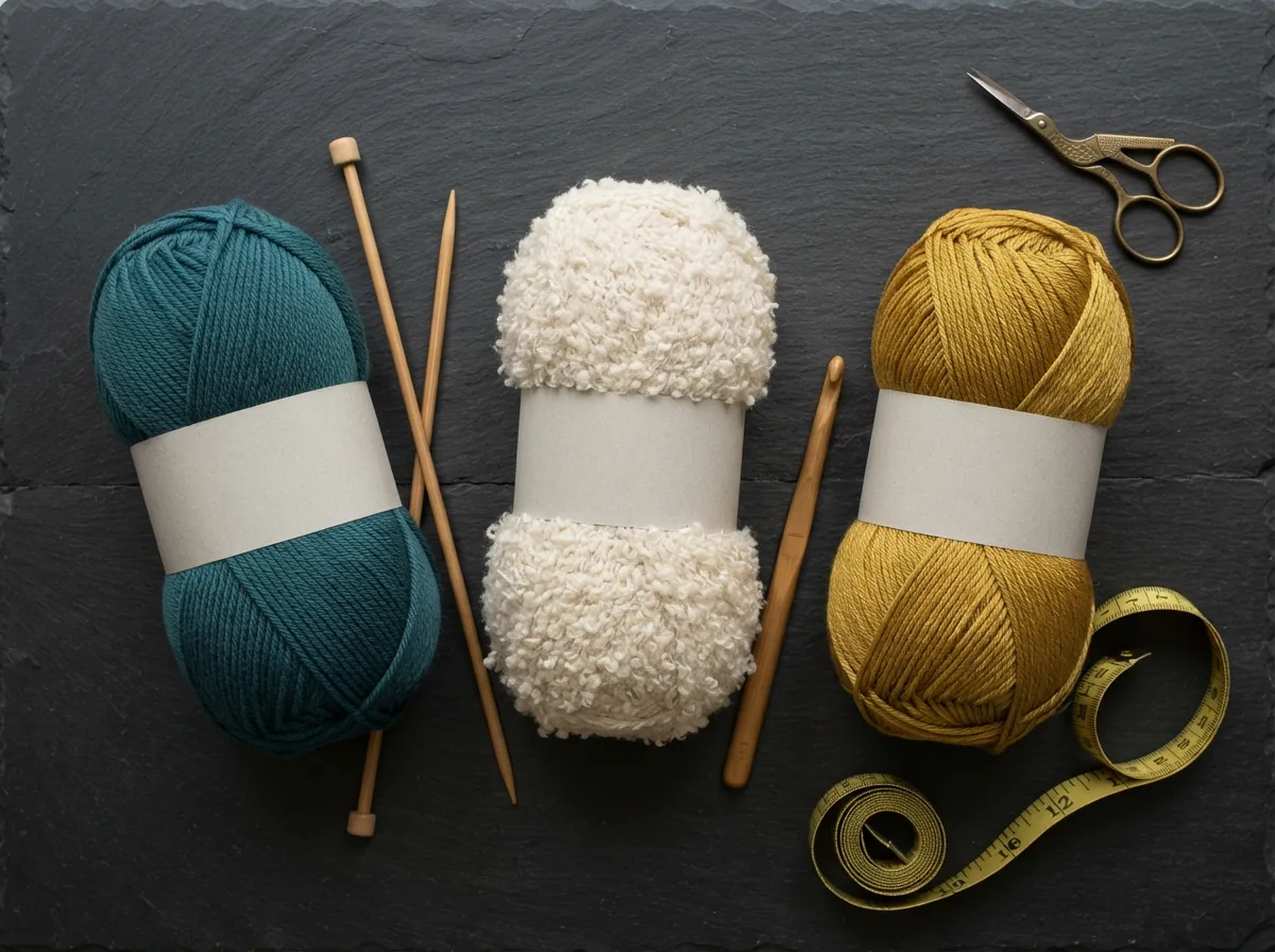 A visually organized display of different acrylic yarn types, showing variety in texture, color, and purpose.