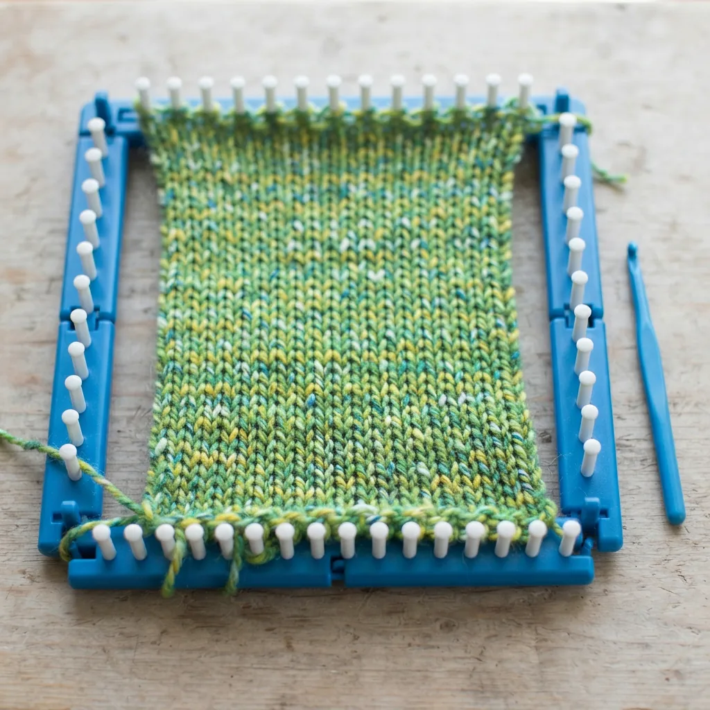 A rectangular frame built from interlocking plastic loom pieces with a half-finished knitted scarf on it.
