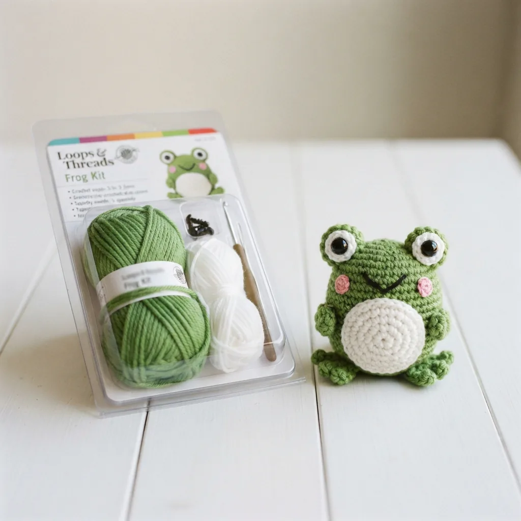 The Loops & Threads Frog Kit with green and white yarn and a finished crochet frog.