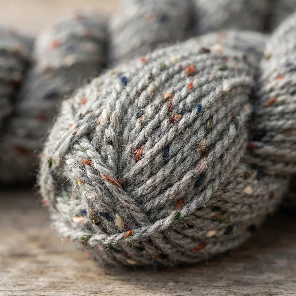A skein of Impeccable Tweed yarn showing its flecked, textured appearance.