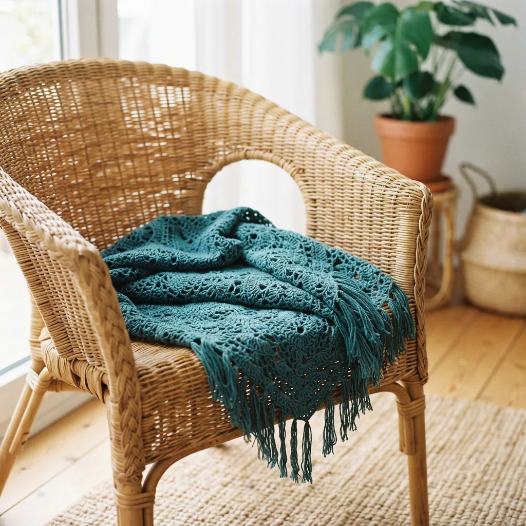 A folded, lightweight crocheted cotton shawl in a teal color placed on a wicker chair.