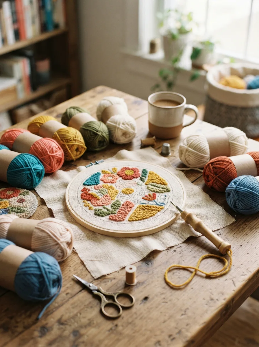 A variety of Loops & Threads punch needle supplies including yarn, tools, and hoops on a craft table.