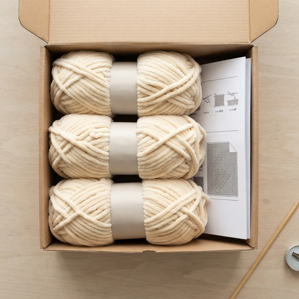 A blanket kit box opened to reveal multiple skeins of Chenille Home Slim yarn and a printed pattern guide inside.