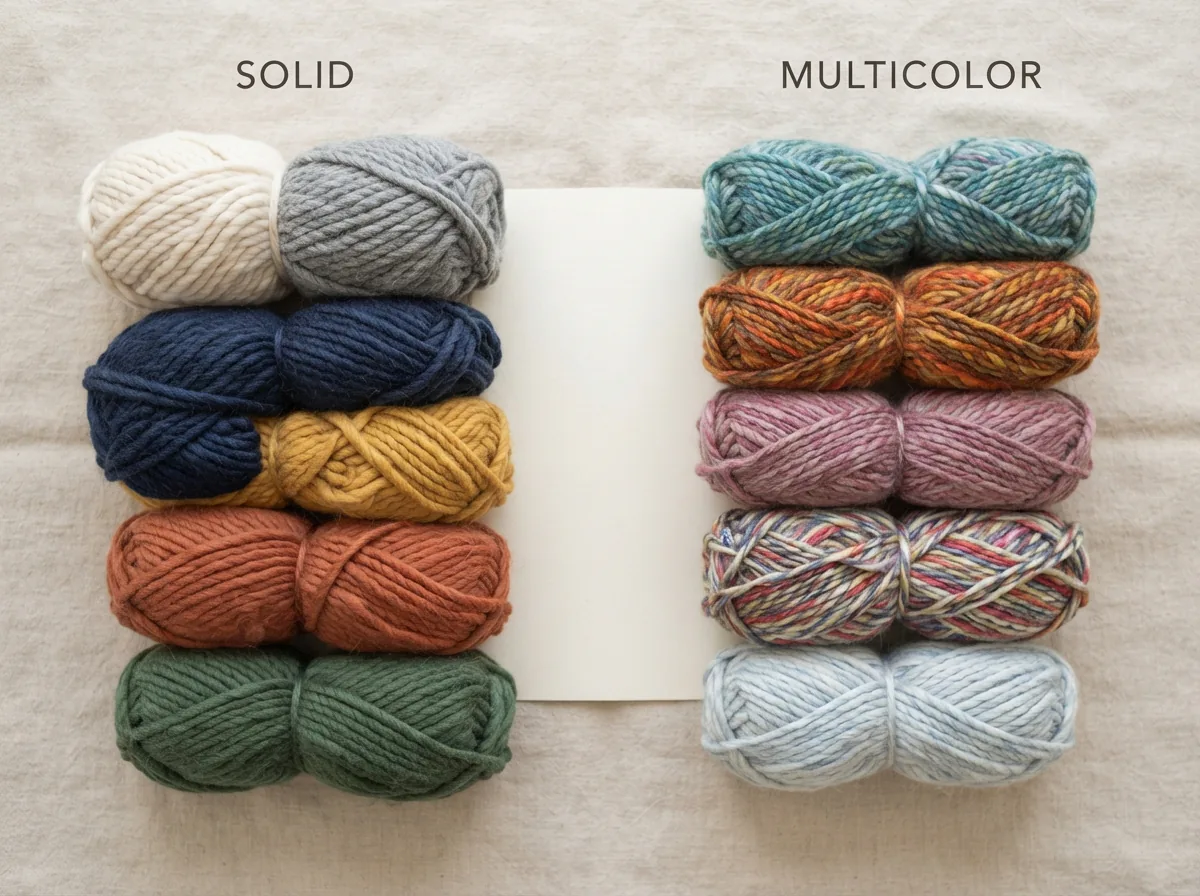 An organized display showing the two main types of Charisma yarn: solid colors and multicolor blends.