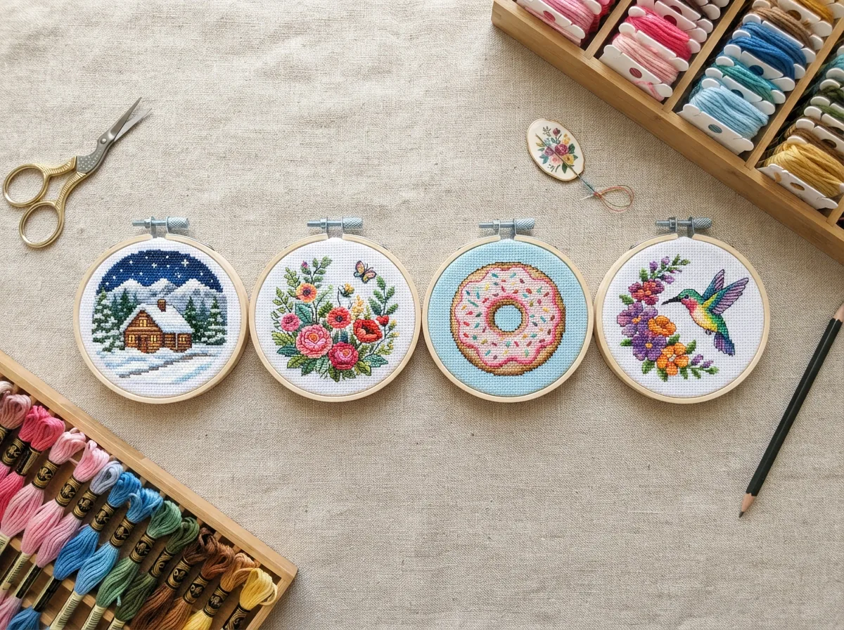 A range of Loops & Threads cross stitch kit designs showing different themes.