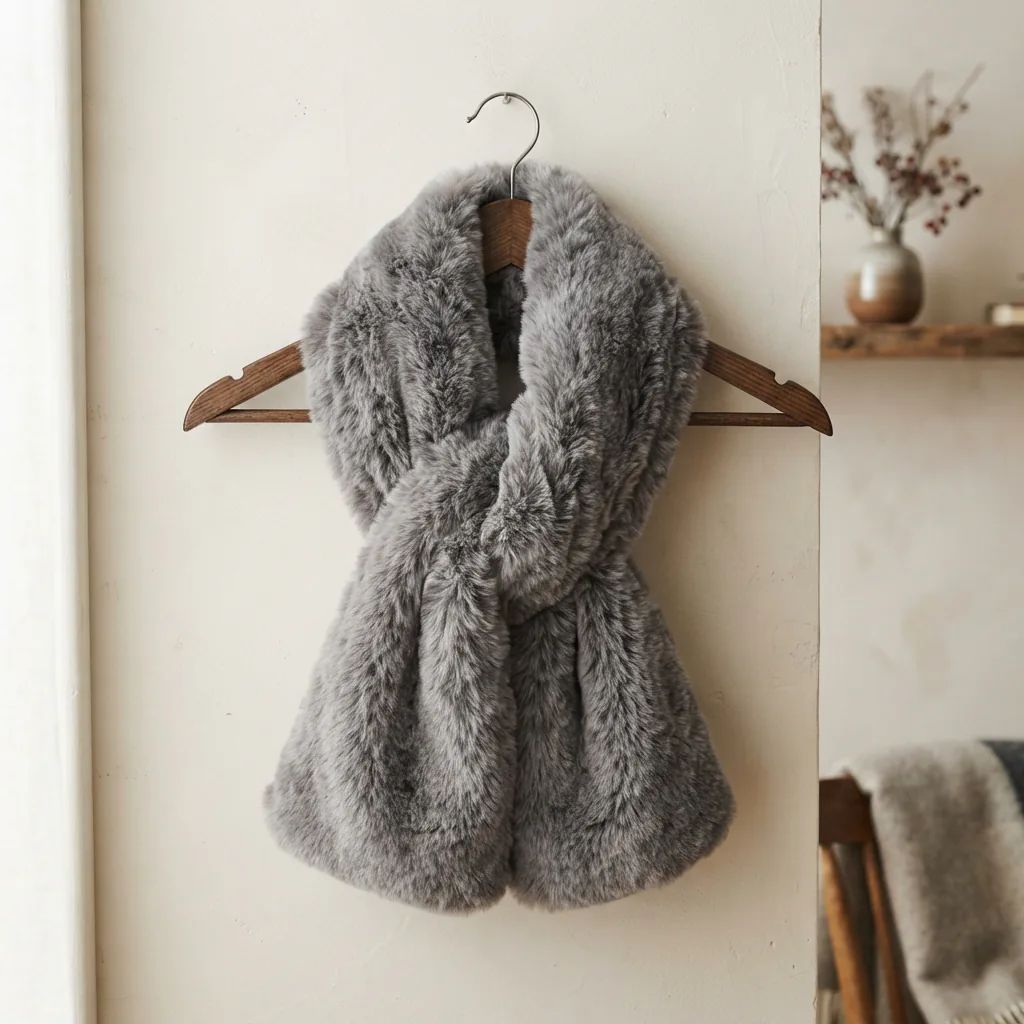 A gray faux fur scarf draped over a coat hanger.