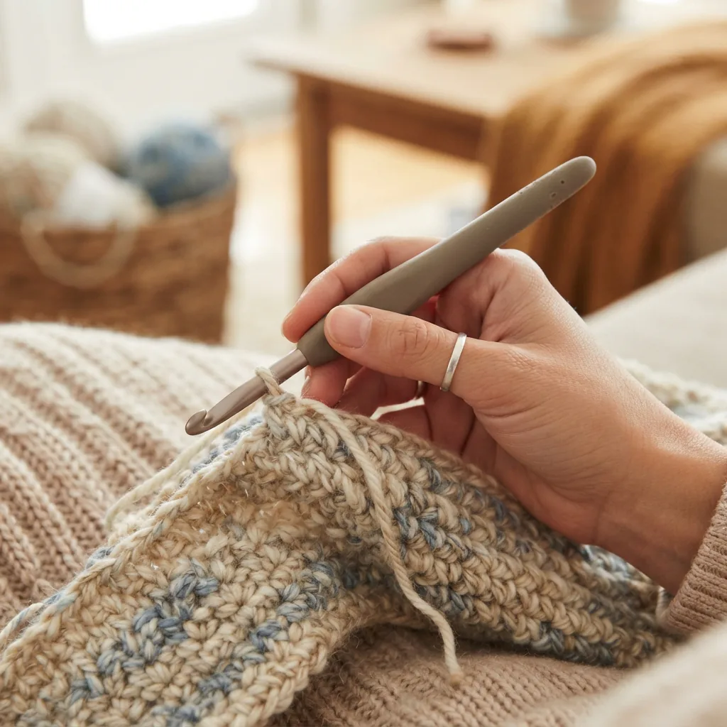 A crafter comfortably holding an ergonomic crochet hook with a rubber grip.