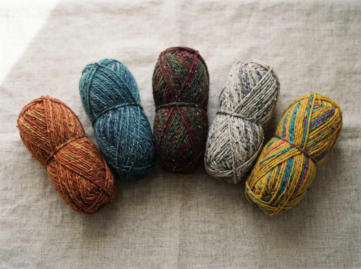 A color wheel or gradient display showcasing the range of heathered tweed yarn color families.