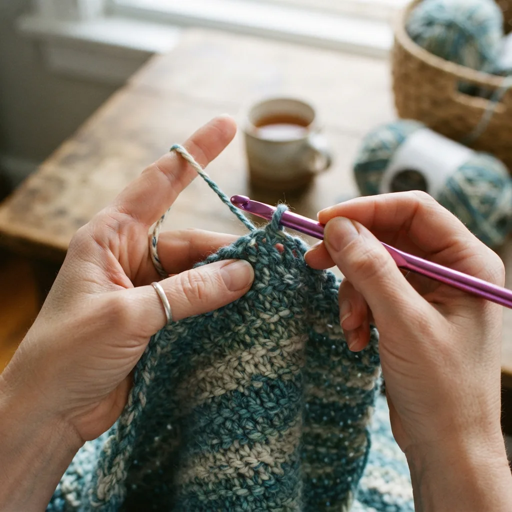 Hands crocheting a medium-weight yarn project with an aluminum hook.