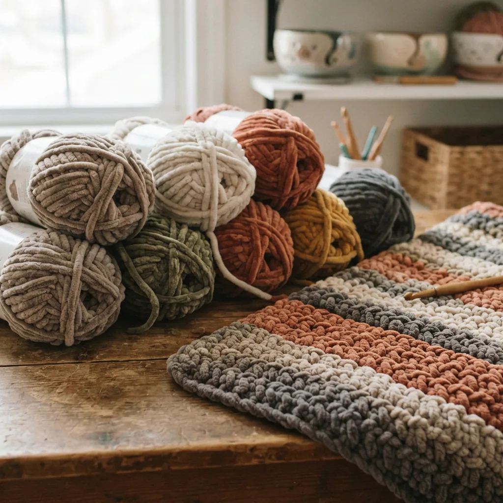 Several thick, soft skeins of super bulky chenille yarn in muted colors next to a finished cozy blanket.