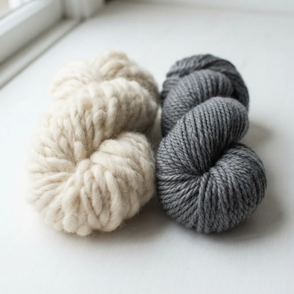 A side-by-side comparison of a soft, plush skein of yarn next to a tightly spun, durable skein, highlighting texture differences.