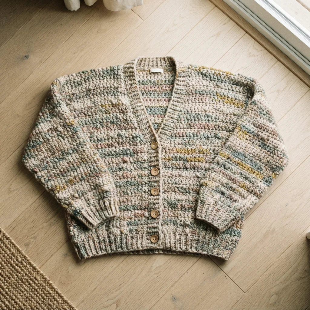 A crocheted cardigan sweater made from multi-marled yarn laid flat on a wooden surface.