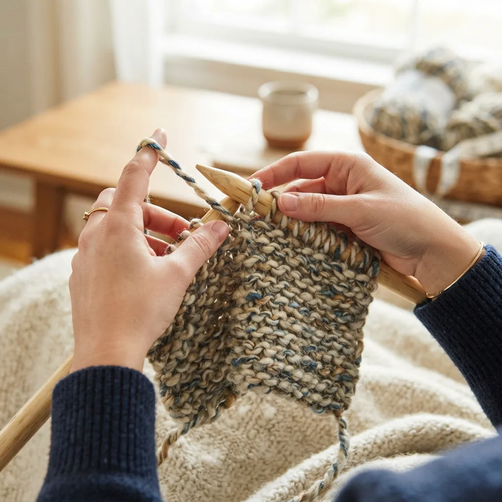 A beginner's knitting project in progress on needles, using Textured Twist yarn.