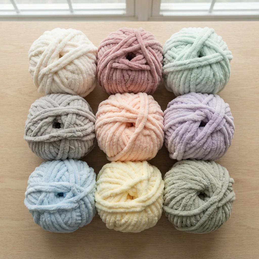 Skeins of standard weight Sweet Snuggles yarn in soft pastel colors arranged for comparison.