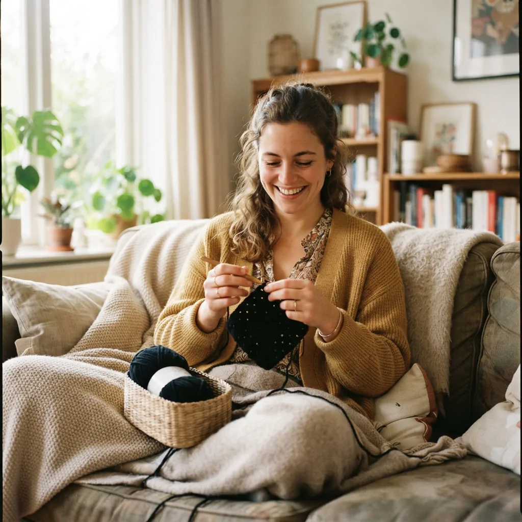 A person is happily crocheting a simple granny square with black yarn.