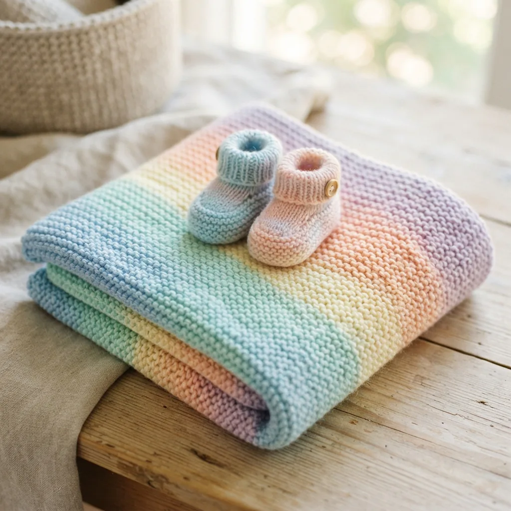 A soft Ombre yarn baby blanket folded neatly next to a small pair of knitted booties on a light surface.