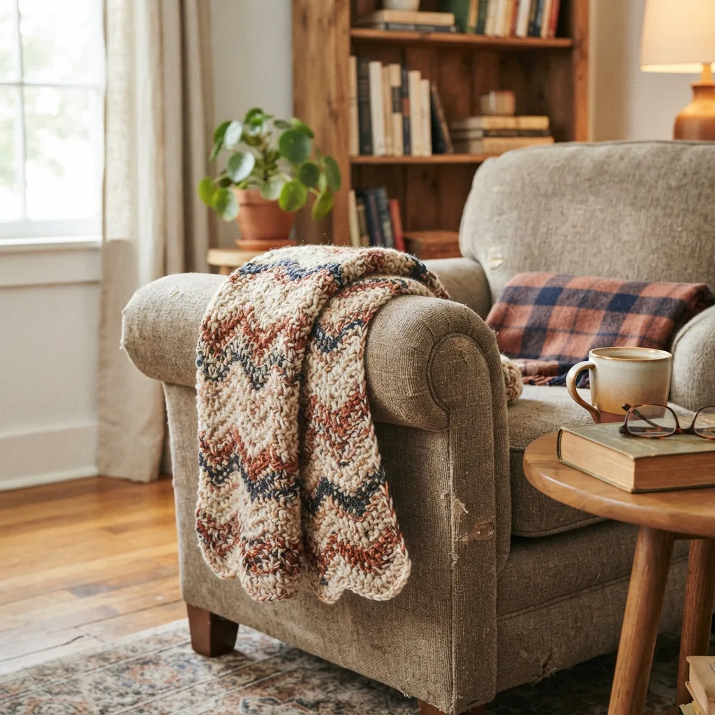 A finished crocheted scarf made with Multi Marled yarn draped over the arm of a chair, showing a soft, lofted texture.