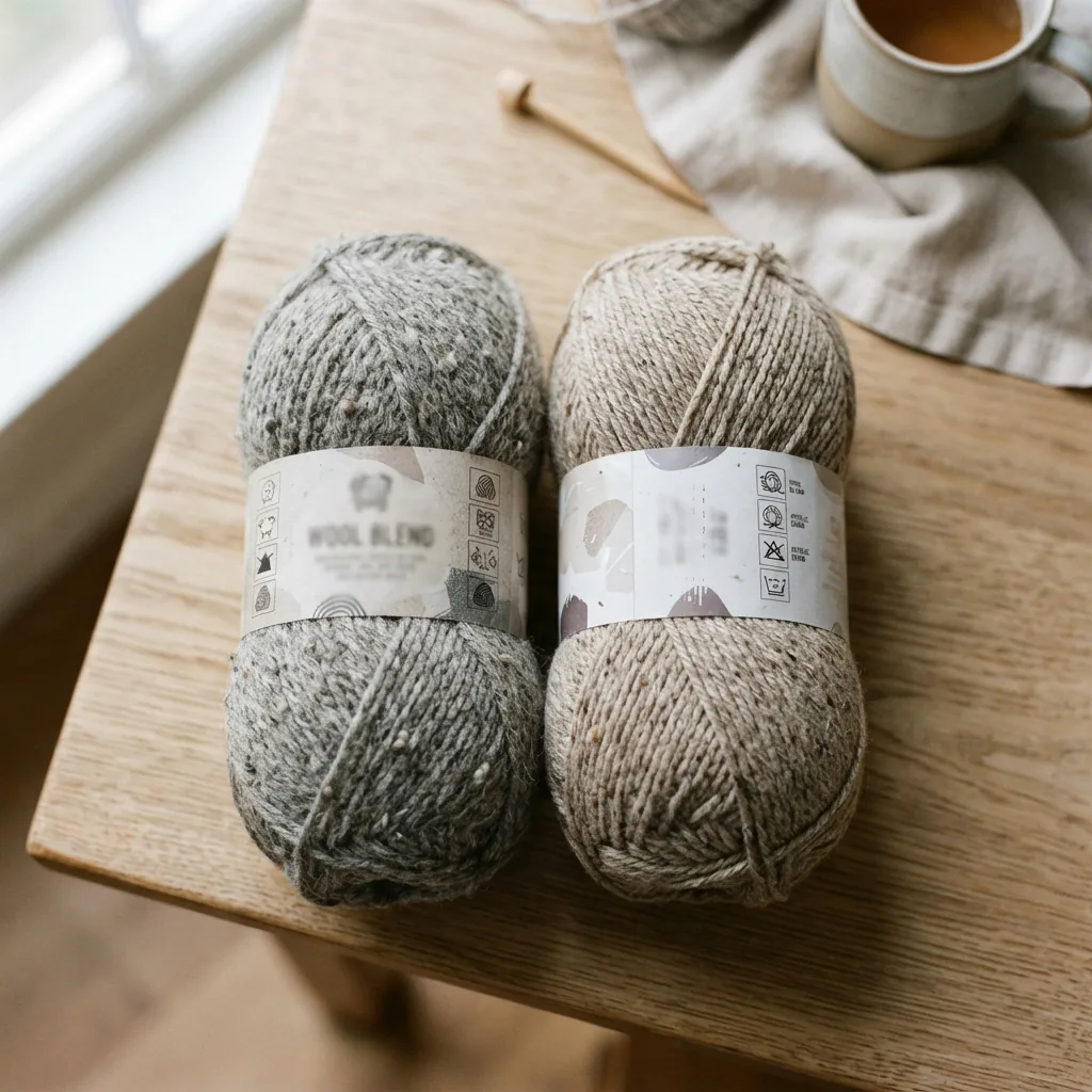 Two skeins of heathered tweed yarn, one wool and one acrylic blend, on a neutral background for comparison.