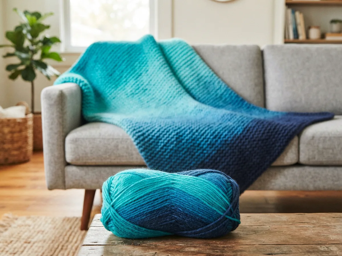 A skein of Loops & Threads Gradient Ombre Worsted Yarn in a teal-to-navy gradient, prominently displayed with a finished knit throw blanket.